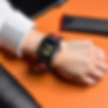 User wearing the Akatsuki Apple Watch Band in a casual setting.