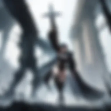 Epic Combat Scene A dynamic character engaging in combat with a formidable foe in a vibrant world