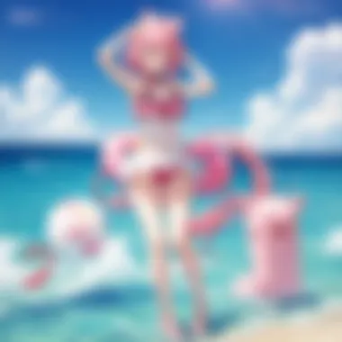 Anime character depicted in a whimsical bathing suit on a tropical beach