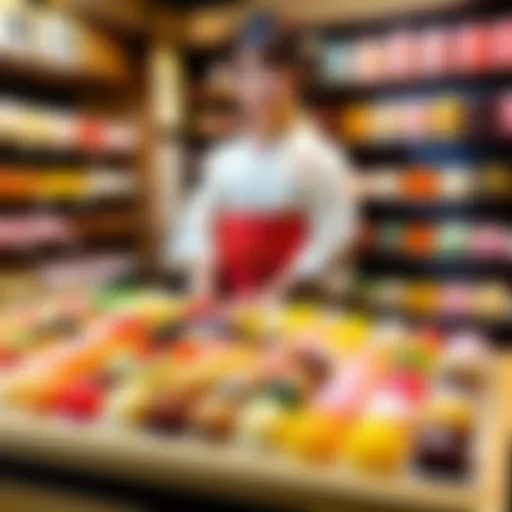 A vibrant selection of traditional Japanese sweets displayed in a candy shop.