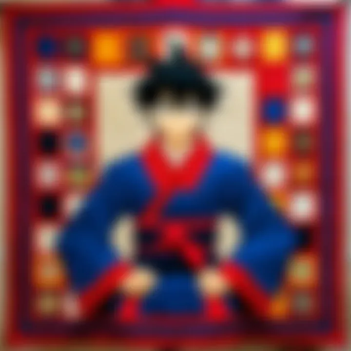 A dynamic display of various anime quilts arranged artistically in a gallery setting.