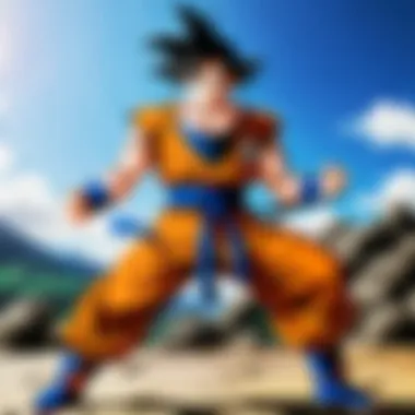 A vibrant scene depicting Goku in a powerful battle stance