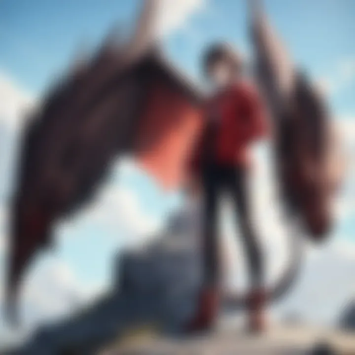 A fierce drogon hunter standing atop a mountain peak, gazing into the horizon.