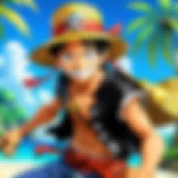 A vibrant scene showcasing the Straw Hat Pirates in a dynamic battle from a One Piece movie.