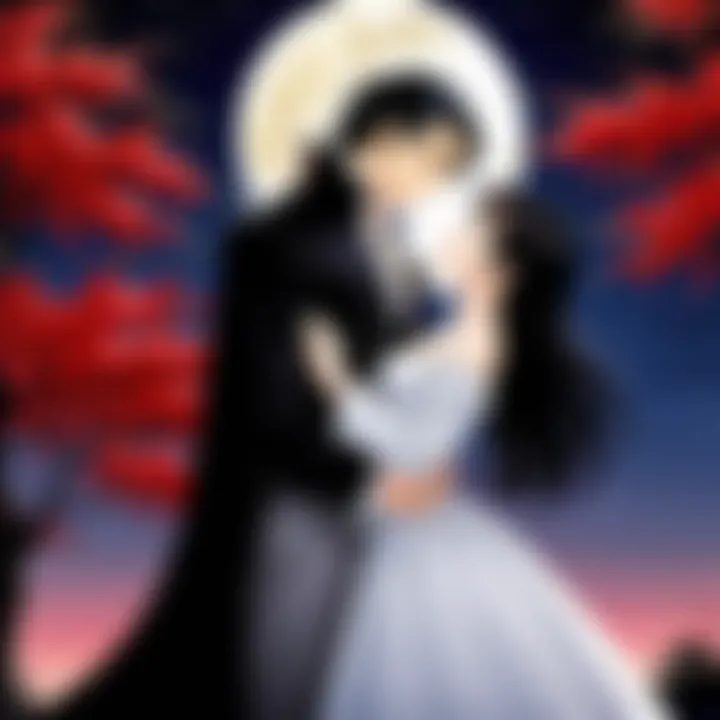 An intricate illustration of a vampire and a romantic partner sharing a tender moment under a moonlit sky