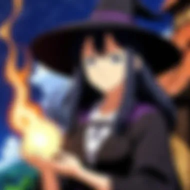 An anime witch with a spellbook, deep in thought about her next incantation