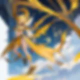 A majestic yellow dragon soaring through a mystical landscape