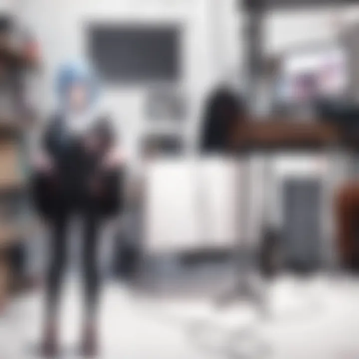 A vibrant workspace of a dakimakura artist showcasing various tools and sketches.